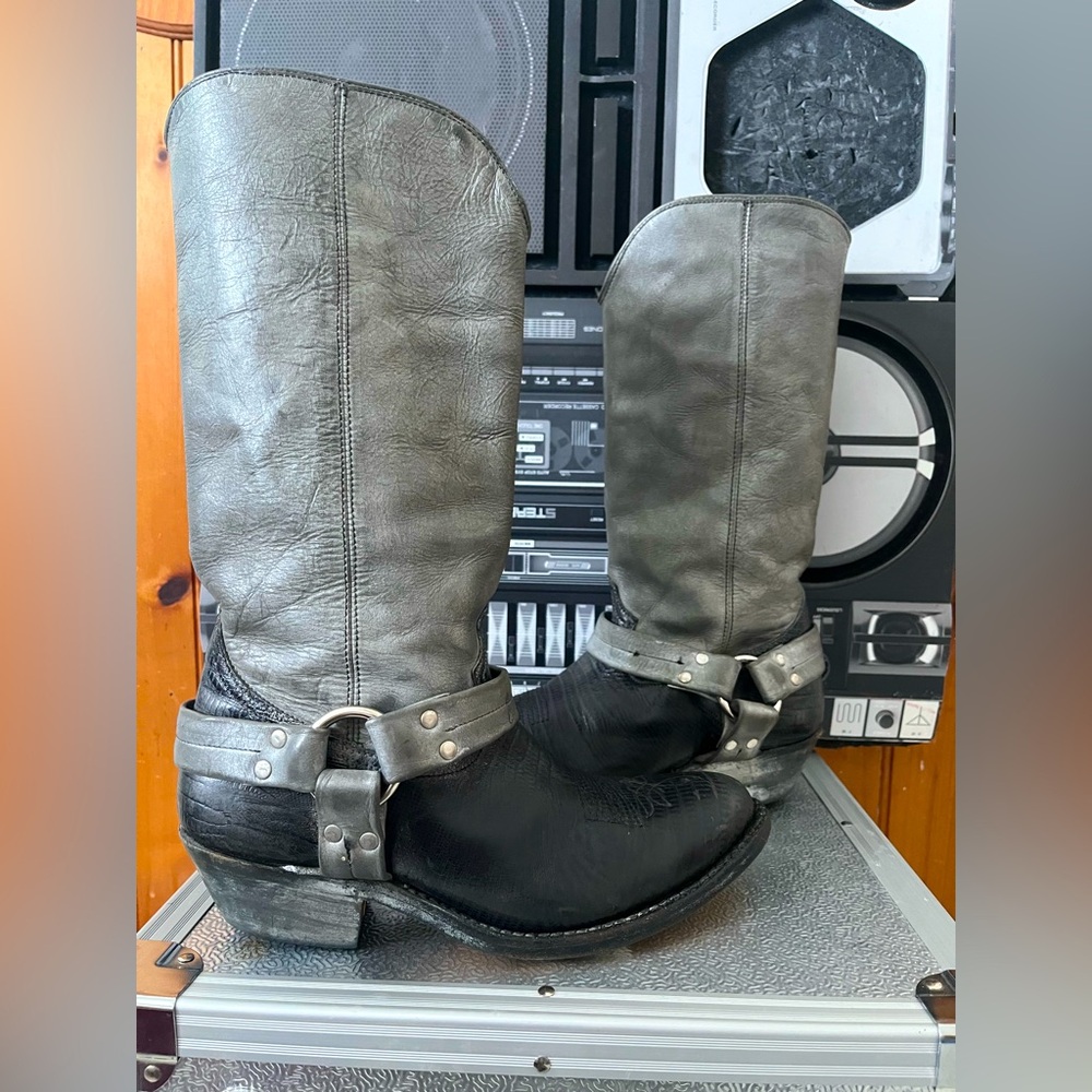 Golden Goose Silver/Gray and Black Distressed Leather Cowboy Boots with Harness